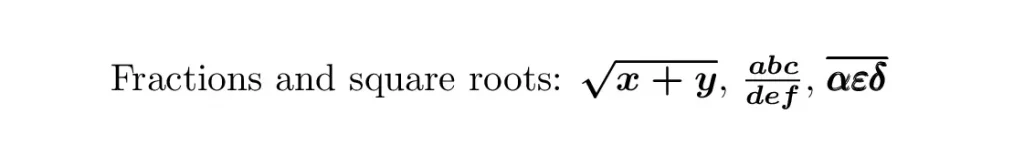 Bold fractions square roots latex